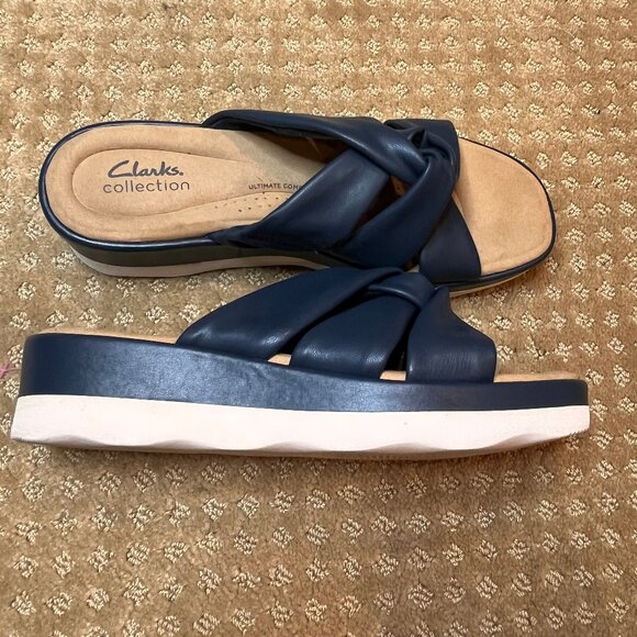 Clarks Clara Charm Wedge Sandal Navy/White Size 9M Women's Summer Slide Shoe - Picture 3 of 8